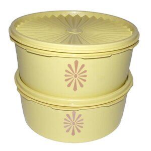 Vintage Tupperware set of 2 stacking 8" gold yellow containers  3.24" tall each